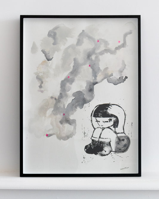 Le nuage arrive - Linogravure et encre