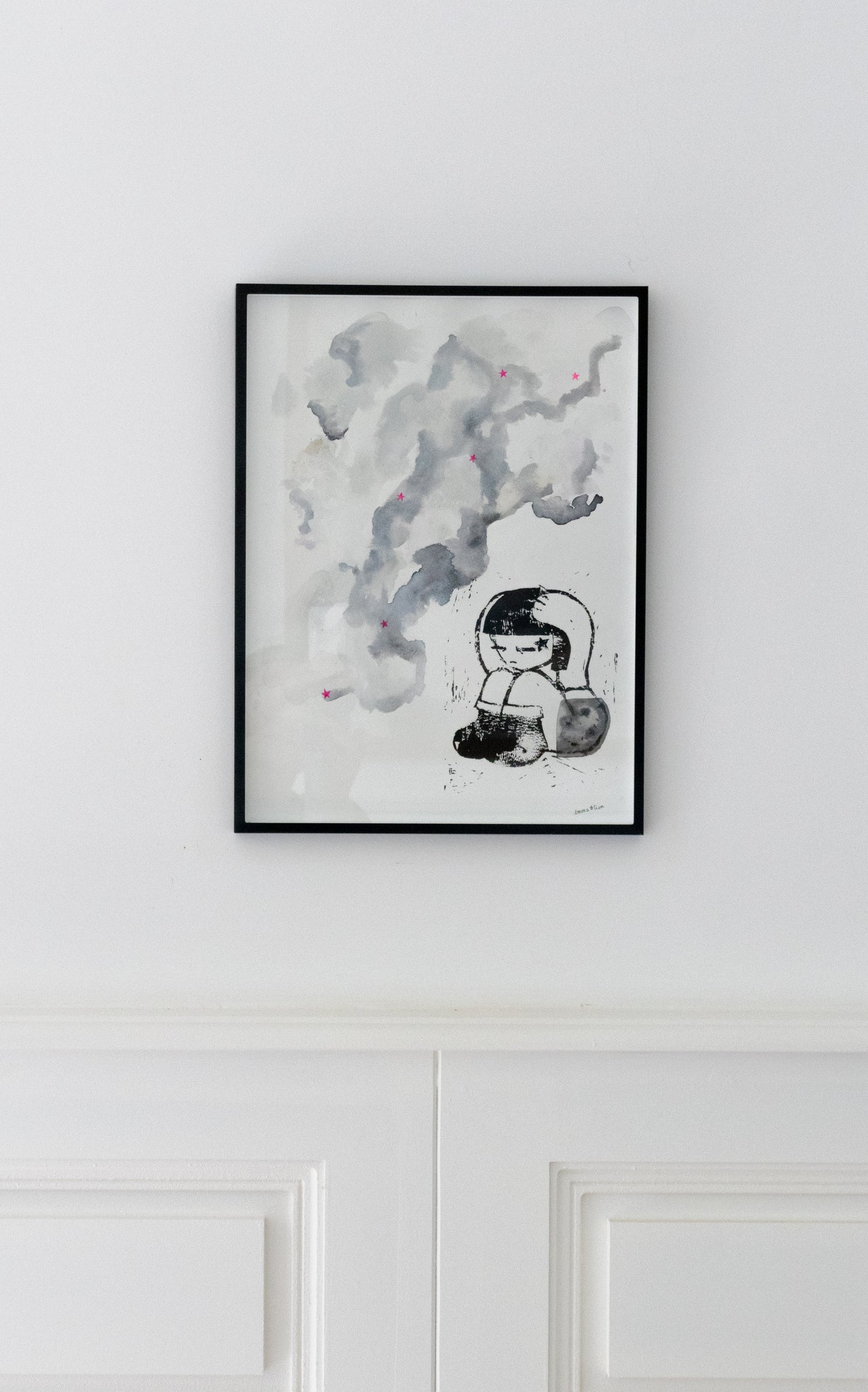 Le nuage arrive - Linogravure et encre
