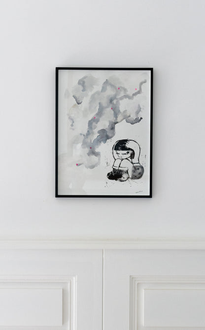 Le nuage arrive - Linogravure et encre